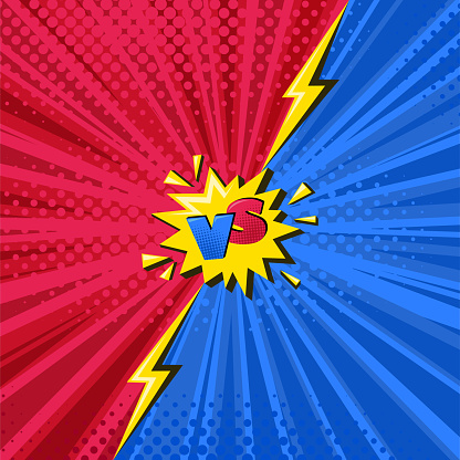 Superhero halftoned background with lightning. Square versus comic design with yellow flash. Vector illustration backdrop