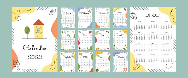 Calendar 2022 with abstract elements and lines. Square grid. Week start on Sunday. Set of 12 months, cover and one sheet of the year. Template for A4 A3 A5 size. Vector illustration in trendy style