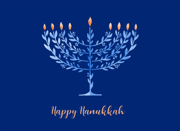 Happy Hanukkah, vector watercolor illustration, banner design. Traditional jewish holiday greeting card with menorah and dreidels vector art illustration