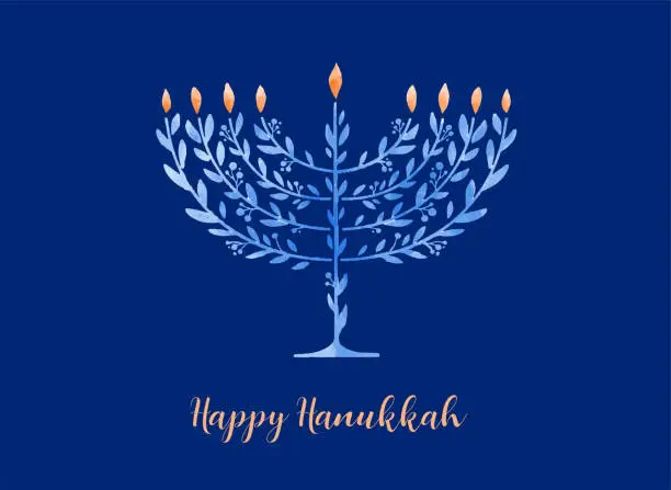 Vector illustration of Happy Hanukkah, vector watercolor illustration, banner design. Traditional jewish holiday greeting card with menorah and dreidels