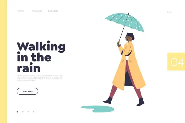 Vector illustration of Walking in rain concept of landing page with woman in coat strolling under umbrella in rainy day