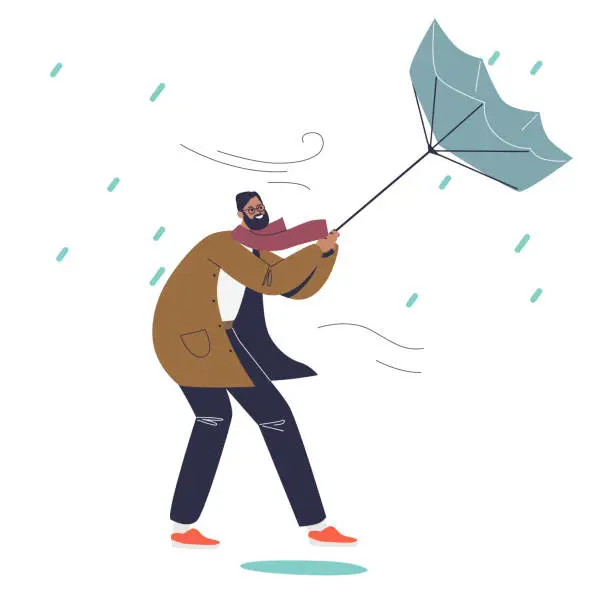 Vector illustration of Man struggle with wind holding umbrella in rainy autumn day. Male suffer from rain outdoors