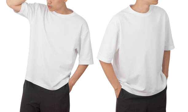 istock Young man in blank oversize t-shirt mockup front and back used as design template, isolated on white background with clipping path 1348327776