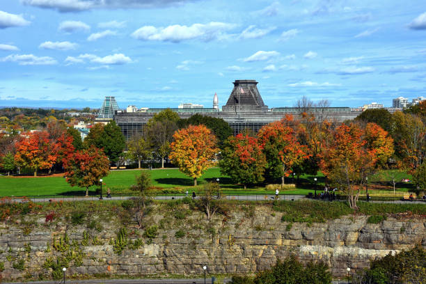 View of the US Embassy in Ottawa with autumn leaves from Parliament Hill