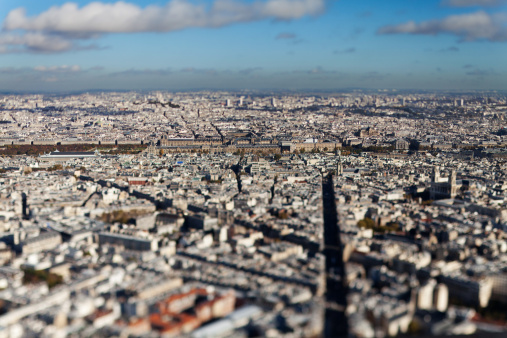 France, birdseye with tilt and shift over Paris