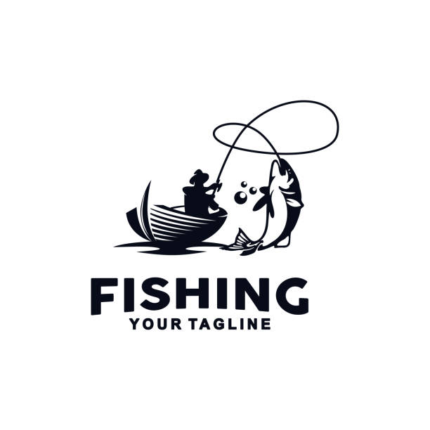 szablon fishing vector design z czarno-białym kolorem - fishing supplies stock illustrations