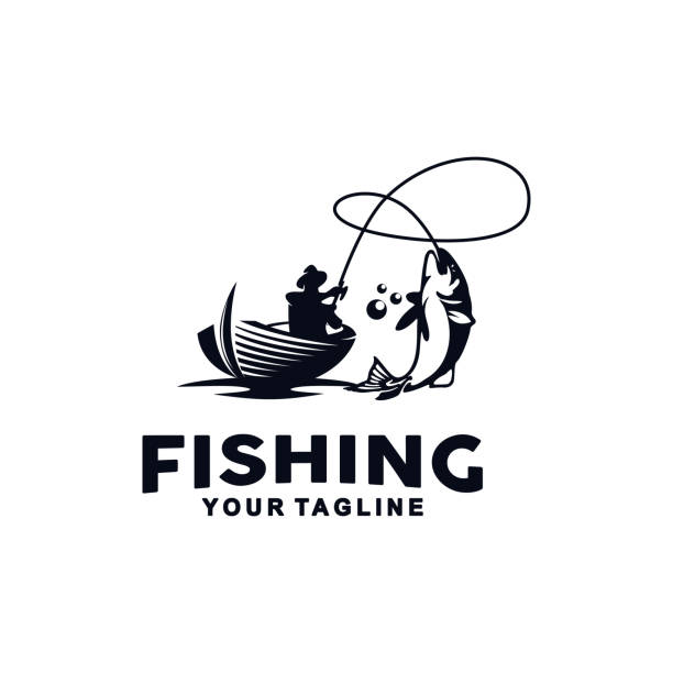 ilustrações, clipart, desenhos animados e ícones de modelo de design de vetor de pesca com cor preto e branco - fishing supplies