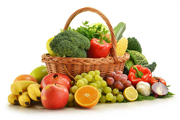 istock Composition with vegetables and fruits in wicker basket 134834263