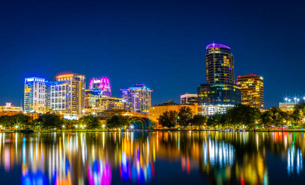 Orlando, Florida downtown skyline at night stock photo