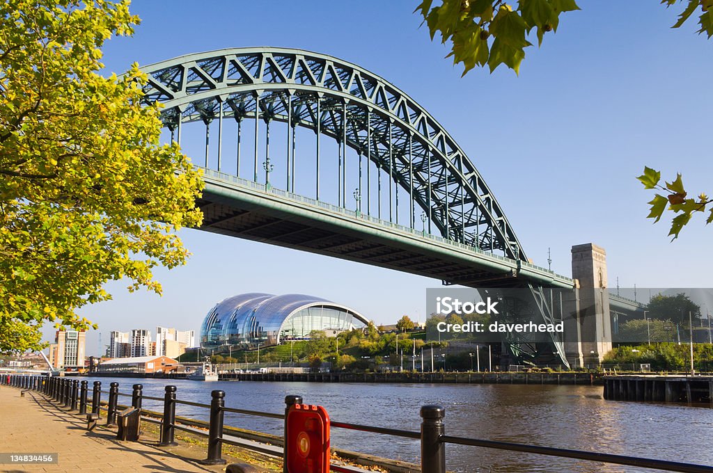 Tyne bridge framed with leaves Framed Tyne bridge with Gateshead Sage building below Tyne Bridge Stock Photo