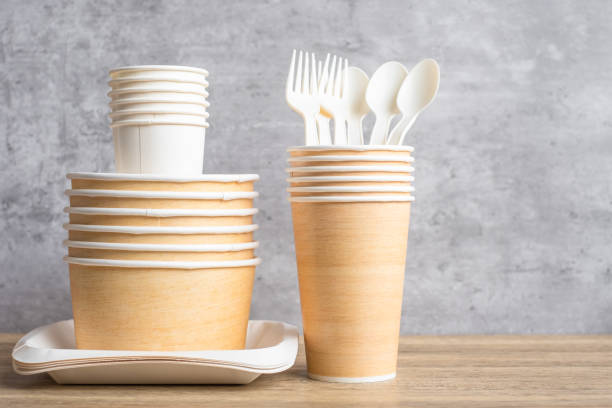 istock Eco friendly food packaging on table background. natural container: cup, plate, spoon and fork. zero waste, pollution, earth day, free plastic, world Environment day concept 1348347604