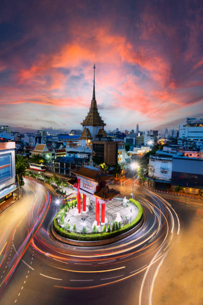 Bangkok Thailand at Chinatown's traffic circle and Wat Traimit.