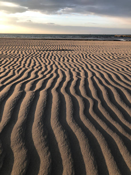 Natural background: Rippled sand in early morning light beach