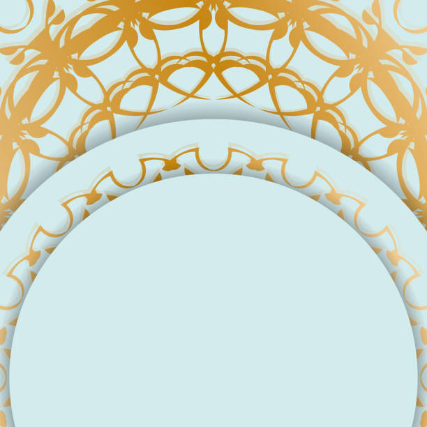 istock Aquamarine greeting card with Indian gold ornaments for your design. 1348354437