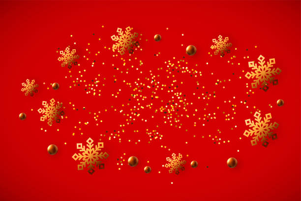 istock Holiday red background with golden confetti and snowflakes. Place for text. Vector illustration. 1348356557