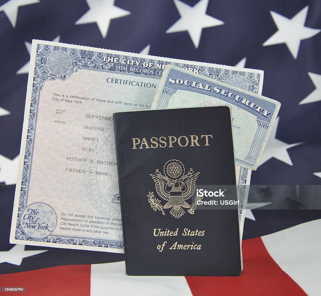 Passaporte certidão de nascimento Cartão de Social Security - Foto de stock de Certidão de Nascimento royalty-free