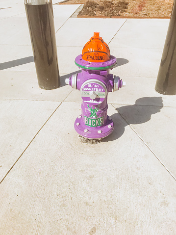 A fire hydrant located near The Milwaukee Bucks Fiserv forum displays the basketball teams colors and symbol.