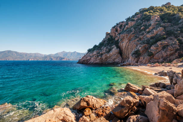 Plage de Ficaghiola and Mediterranean in Corsica stock photo