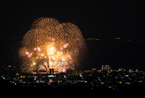 Fireworks display is a typical summer scene in Japan.\nColorful fireworks dye the night sky beautifully.