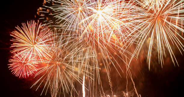 istock Brightly Colorful Fireworks Light Up the Sky. Beautiful New Year Fireworks. Dark Sky. Explosion. Abstract Colored Firework Background 1348363591