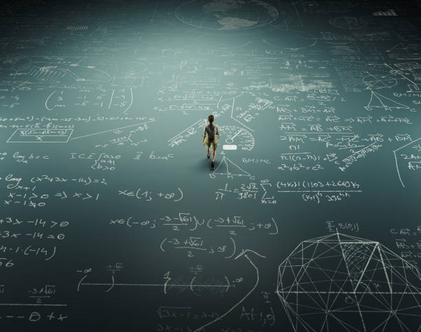 Man walking on ground full of math formulas . Education and problem solving concept stock photo