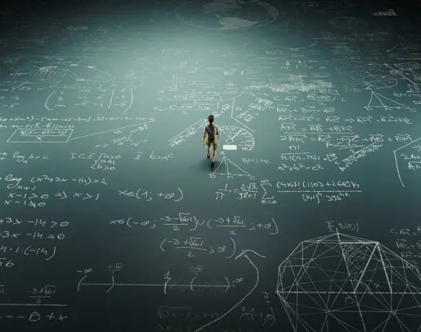Man walking on ground full of math formulas . Education and problem solving concept . This is a 3d render illustration .