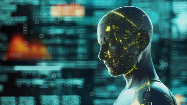 istock Cyborg with circuit lights and data information in background . 1348363633