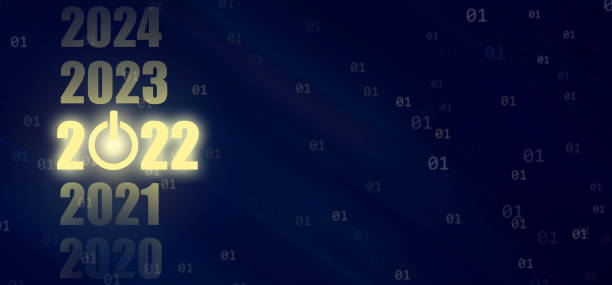 istock 2020, 2021, 2022, 2023, 2024 neon glowing numbers on dark digital background. Power button. The concept of the start of the new 2022. Copy space. 1348363819