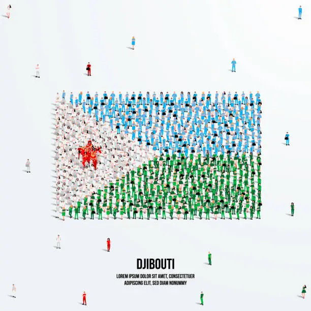 Vector illustration of Djibouti Flag. A large group of people form to create the shape of the Djibouti flag. Vector Illustration.