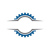 istock Symmetrical cogwheel logo design element related to machine, mechanic or repair service 1348365753