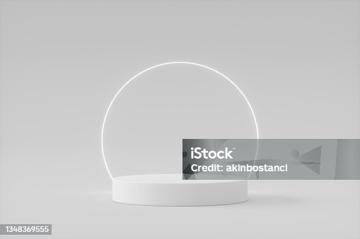 istock Podium, product stand, exhibition, pedestal, neon lighting, white background 1348369555