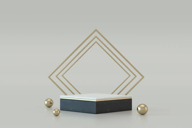 istock Podium, marble product display stand, exhibition, pedestal, gray background 1348369864