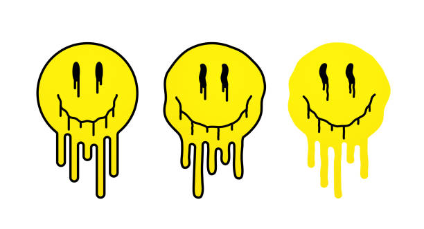 ilustraciones, imágenes clip art, dibujos animados e iconos de stock de sonrisa amarilla derretida. caras sonrientes positivas en forma de líquido, salpicadura de pintura sobre un fondo blanco. - gangsta rap