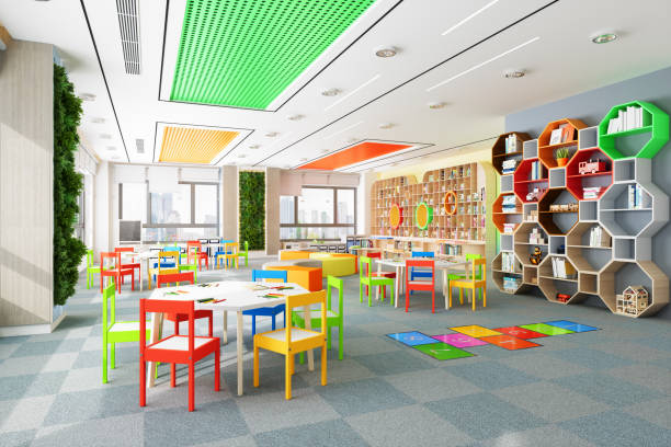 kindergarten classroom with tables, multi colored chairs and walled garden. - dagis bildbanksfoton och bilder