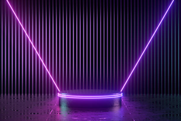 istock Podium, empty product display stand, platform in neon lighting dark room 1348370693