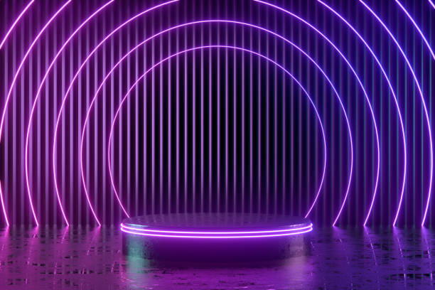 istock Podium, empty product display stand, platform in neon lighting dark room 1348370969