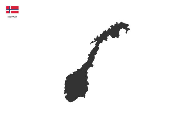 illustrazioni stock, clip art, cartoni animati e icone di tendenza di norvegia nero ombra mappa vettoriale su sfondo bianco e icona della bandiera del paese angolo sinistro. - map of norway