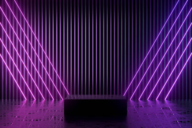 istock Podium, empty product display stand, platform in neon lighting dark room 1348371028