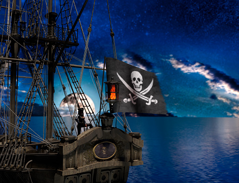 Pirate woman in sail ship with flag at moonlight - 3d rendering