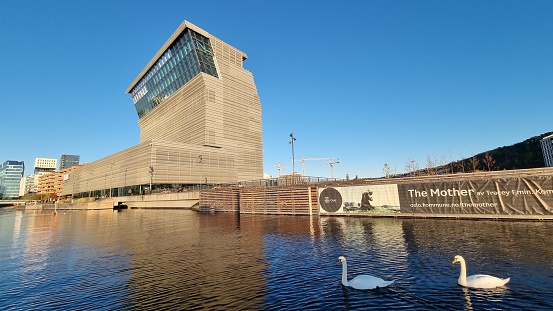 The New Munch Museum, Oslo, Norway, on the 21st of October 2021, prior to the formal opening on the 22nd of October. Located at Bjørvika, the Museum was commission by Oslo City City Council, Architects, Estudio Herreros. Designed to Passivhaus standards, using recycled materials and environmentally friendly construction with low-energy heating and cooling.