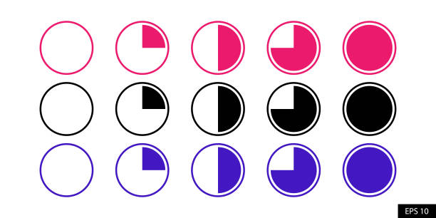 zestaw ikon progresji czasu. symbole wskaźnika ładowania czasu 0, 15, 30, 45 minut, godzina izolowane na białym tle. ilustracja wektorowa eps 10. - empty quarter stock illustrations