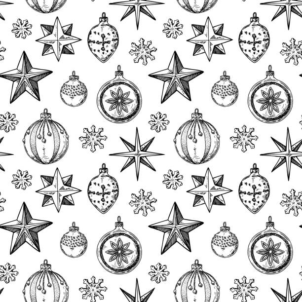 Hand drawn Happy New Year and Merry Christmas seamless pattern with Christmas tree balls and stars. Vector illustration in sketch style