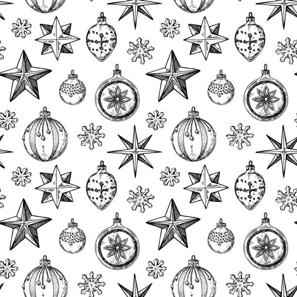 Hand drawn Happy New Year and Merry Christmas seamless pattern with Christmas tree balls and stars. Vector illustration in sketch style Hand drawn Happy New Year and Merry Christmas seamless pattern with Christmas tree balls and stars. Vector illustration in sketch style vintage ornaments stock illustrations