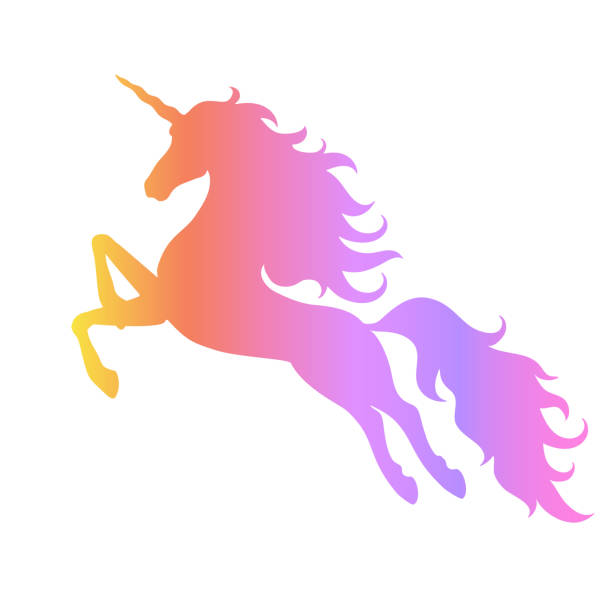 Silhouette of a flying, jumping unicorn. Silhouette of a flying, jumping unicorn. Rainbow silhouette isolated on white background.Element for creating design and decoration. unicorn stock illustrations