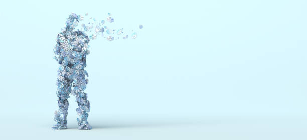 istock Man decomposing in winter snowflakes. Copy space. 3D illustration. 1348376670
