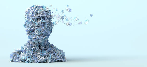 istock Bust of man decomposing in winter snowflakes. Copy space. 3D illustration. 1348376676