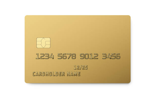 carte en plastique doré avec puce isolée sur blanc. paiement ou credi - carte de crédit photos et images de collection