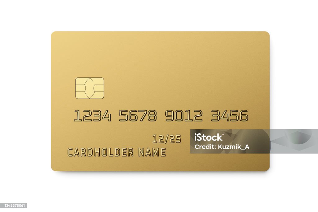 Golden plastic card with chip isolated on white. Payment or credi Golden plastic card with chip isolated on white background. Payment or credit card. 3D rendering template mockup. Credit Card Stock Photo