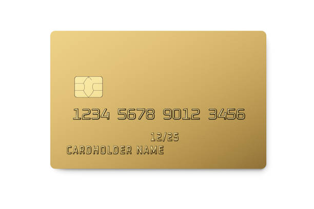 Golden plastic card with chip isolated on white. Payment or credi Golden plastic card with chip isolated on white background. Payment or credit card. 3D rendering template mockup. credit card stock pictures, royalty-free photos & images