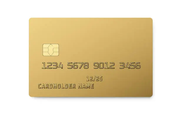 Photo of Golden plastic card with chip isolated on white. Payment or credi